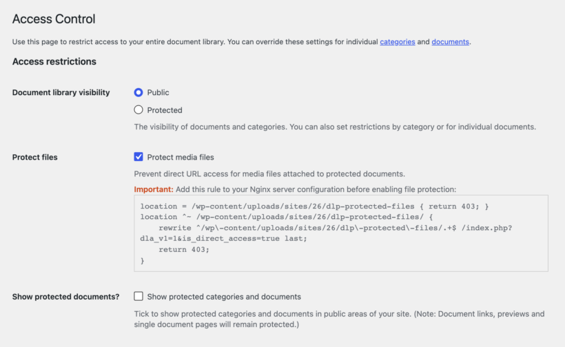 Access Control settings with the Protect media files option ticked