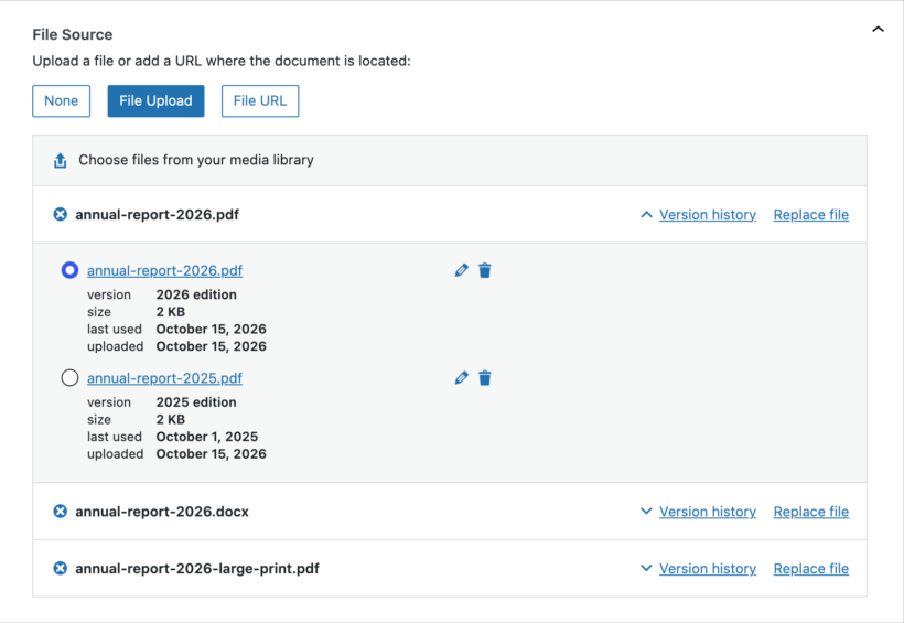 Version history expanded under one file, showing the current and previous editions