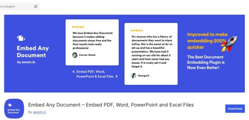 Embed Any Document, a free WordPress plugin for embedding PDF, Word, Excel and PowerPoint files