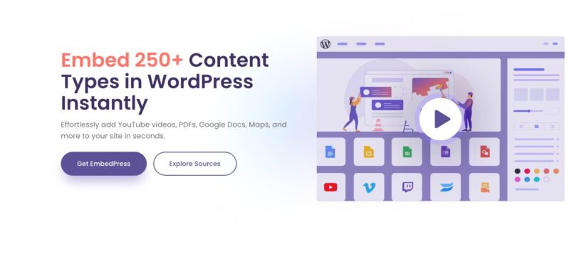 EmbedPress embedding a PDF in WordPress alongside 250 other content types