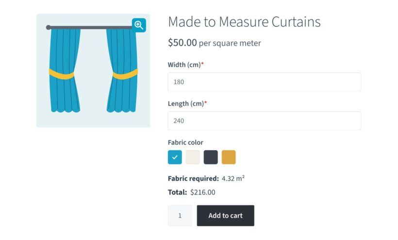 Made to measure curtains product page with width and length fields, fabric color swatches, lining options and a live total