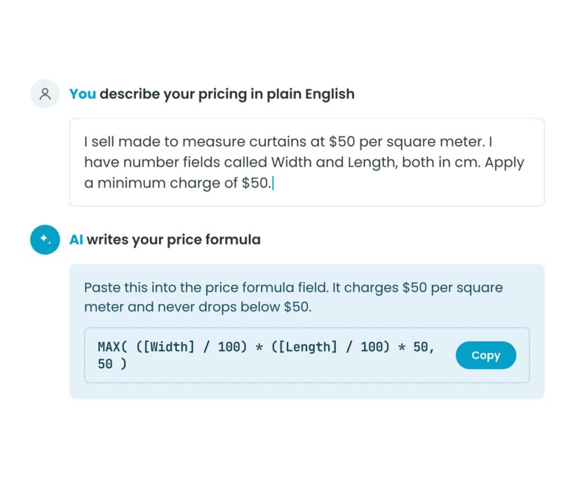 Plain English pricing rule turned into a measurement price formula by AI