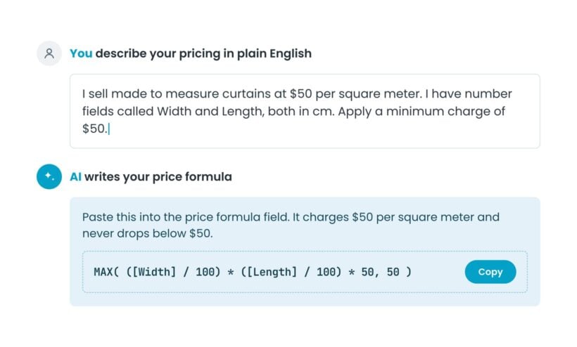 Plain English pricing rule for made to measure curtains turned into a measurement price formula by AI