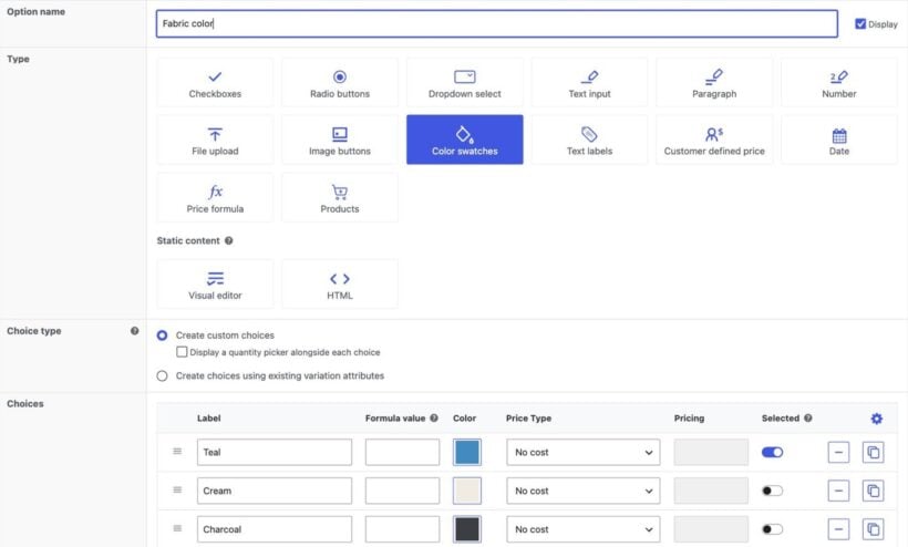 WooCommerce Product Options editor with the Color swatches type selected and the choice type set to create custom choices or use existing variation attributes