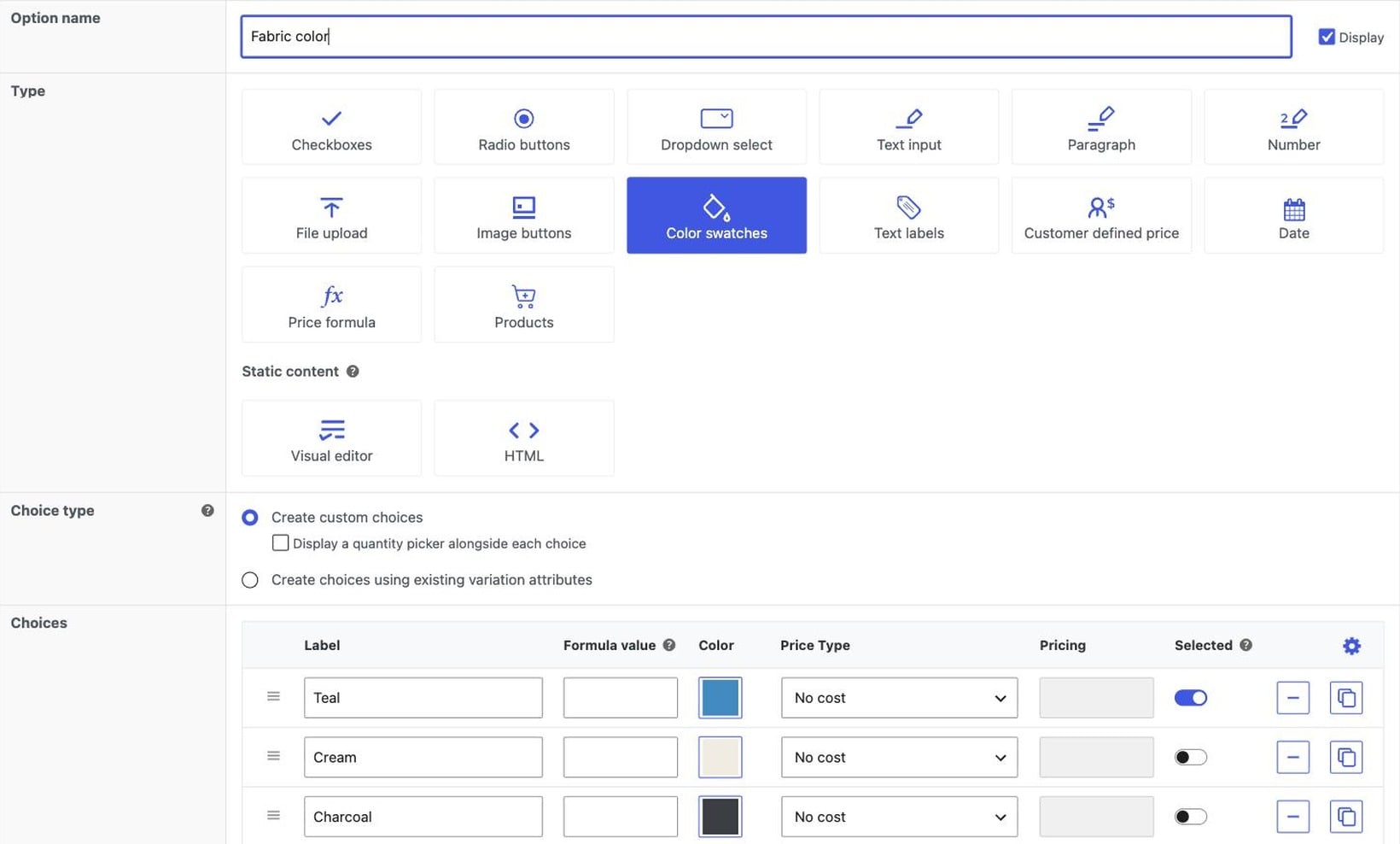 WooCommerce Product Options builder listing the add-on field types, with color swatches selected and a price type on every choice