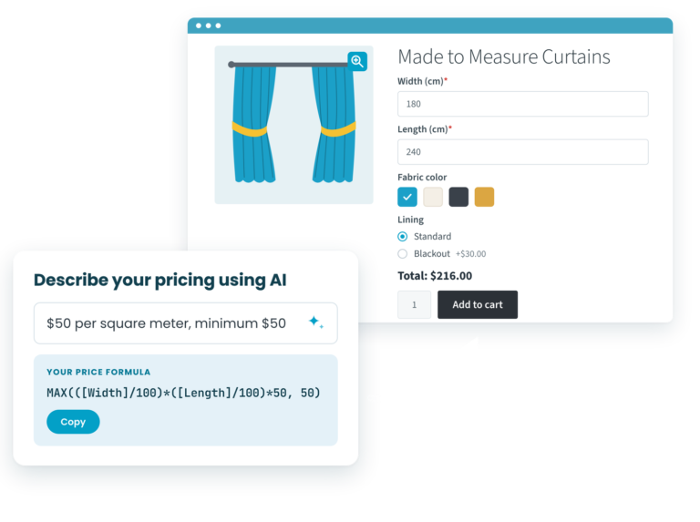 Price formula written by AI from a plain English pricing rule, with an arrow to a made to measure curtains product page showing width and length fields