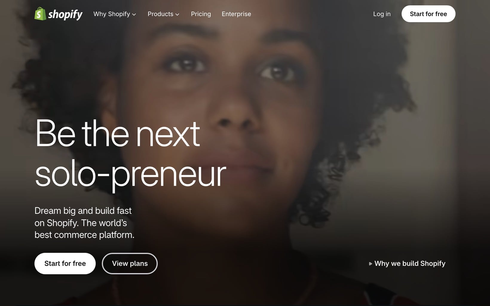 The Shopify homepage with a Start for free button
