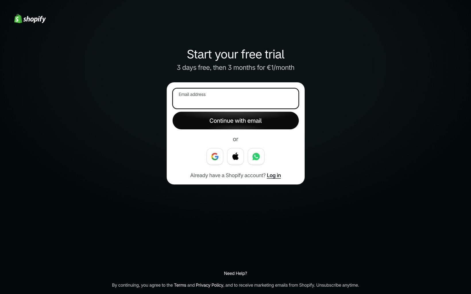 Shopify signup page asking only for an email address