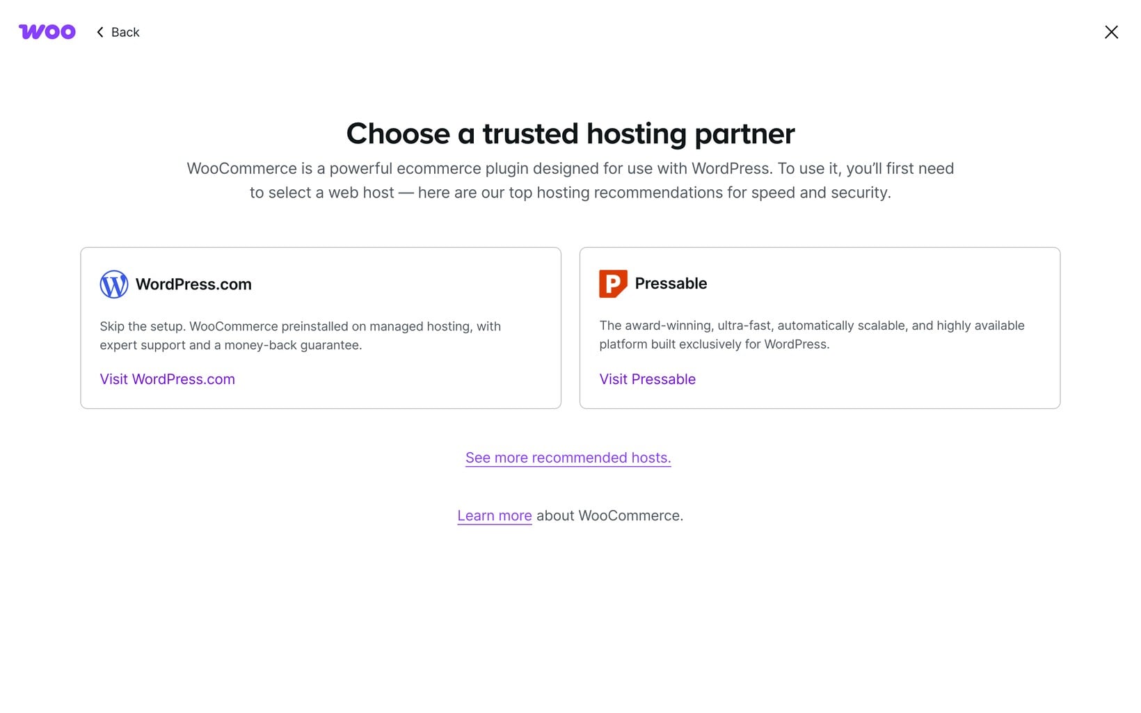 WooCommerce asking the visitor to choose a trusted hosting partner before using the software