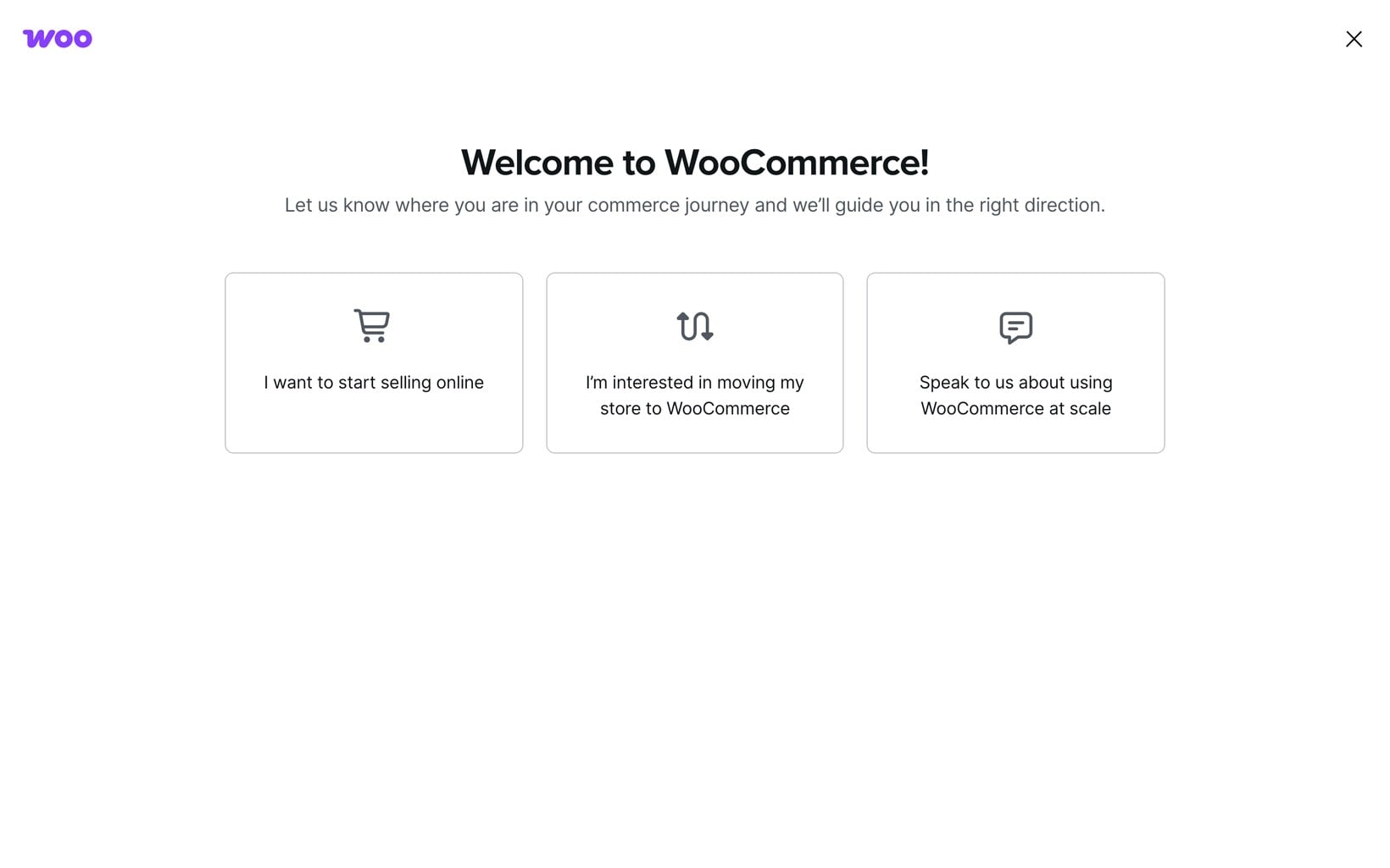 WooCommerce get started page asking the visitor to pick one of three options
