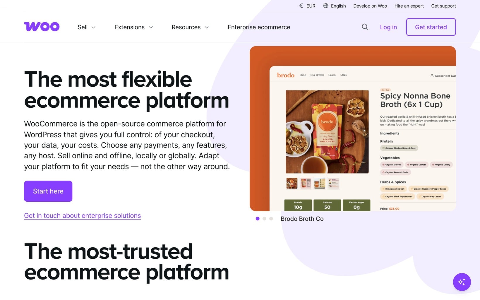 The WooCommerce.com homepage with the tagline The most flexible ecommerce platform