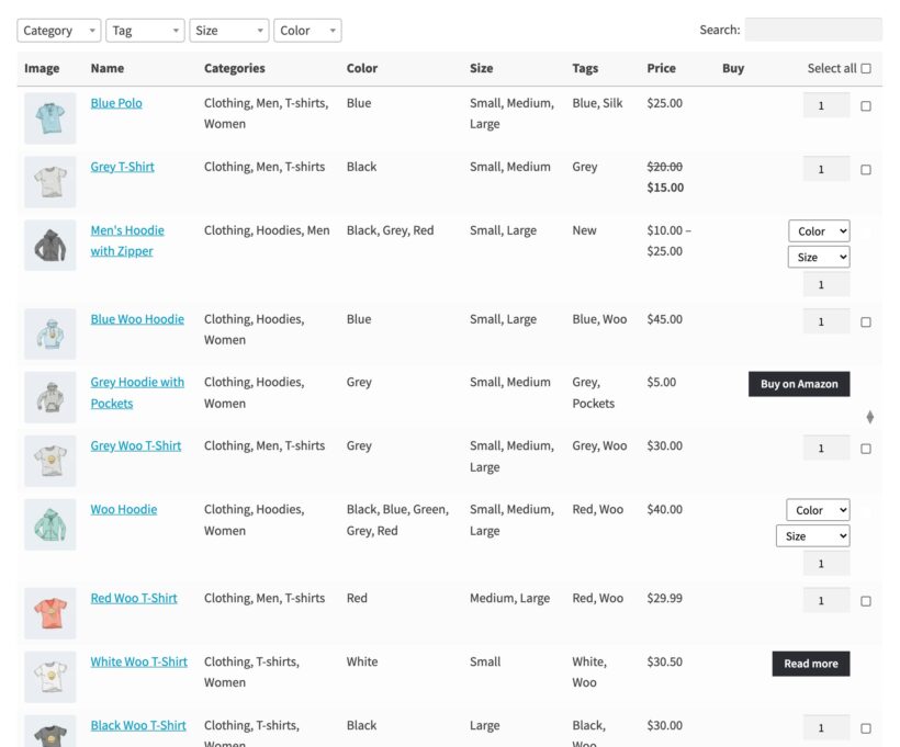 WooCommerce comparison table listing clothing products with columns for category, color, size, tags and price