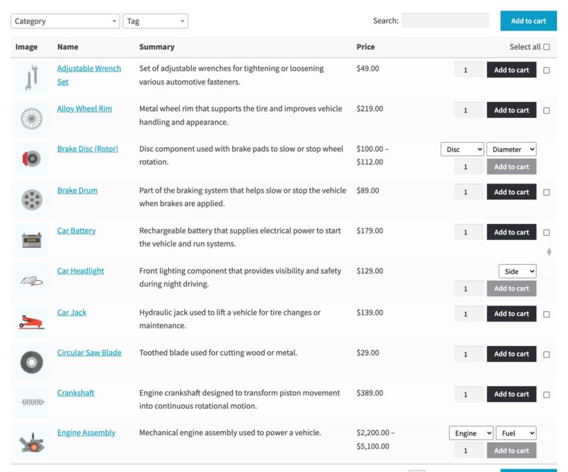 WooCommerce order form with category and tag filter dropdowns above the product list