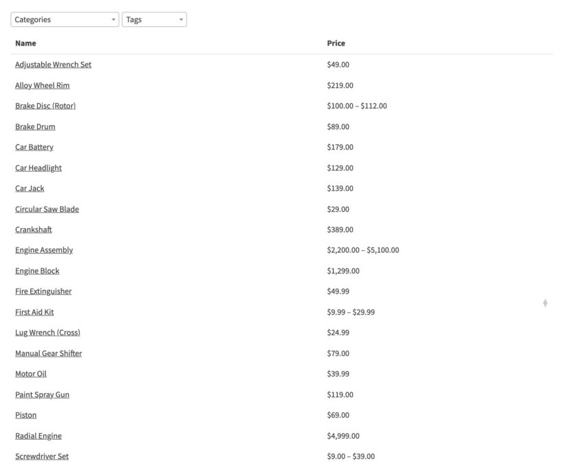WooCommerce price list showing product names and prices with no add to cart column