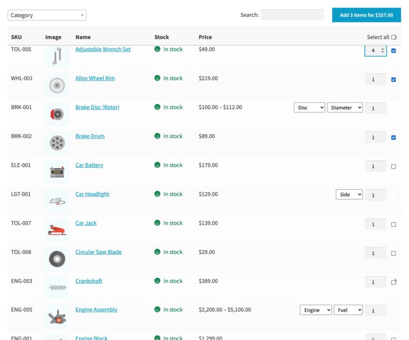 WooCommerce order form showing the running total on the add to cart button as the customer ticks products