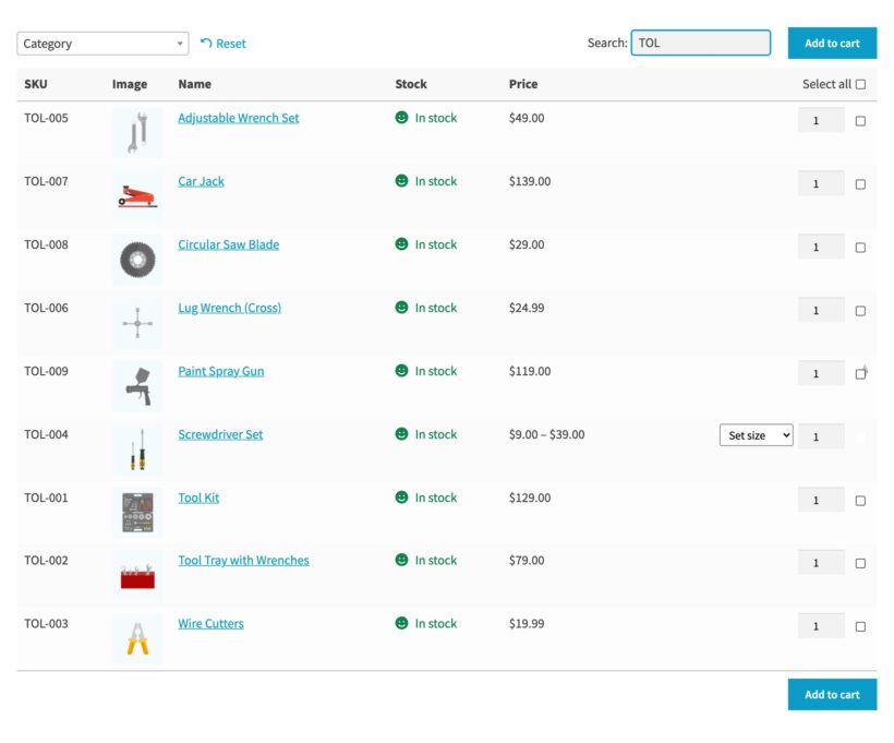 Customer searching a WooCommerce order form by SKU to find every tool in the catalog