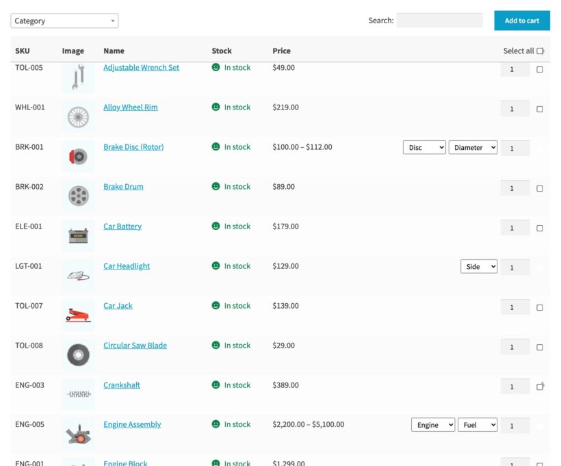 One page WooCommerce order form with a quantity picker and a checkbox against each car part