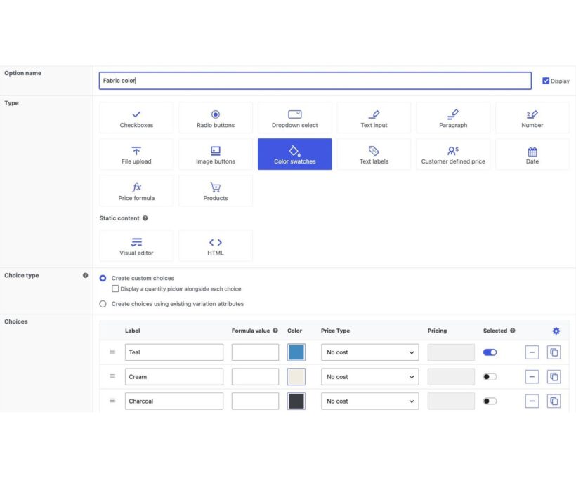 WooCommerce Product Options editor with the Color swatches type selected and a color against each choice