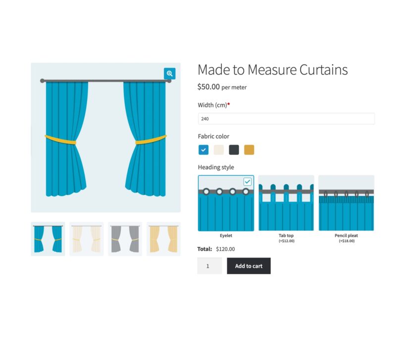 Made to measure curtains product page with fabric color swatches and image button swatches for the heading style
