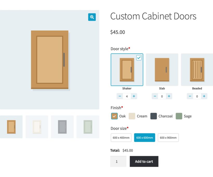 WooCommerce product page for custom cabinet doors showing image button swatches, color swatches and text label swatches