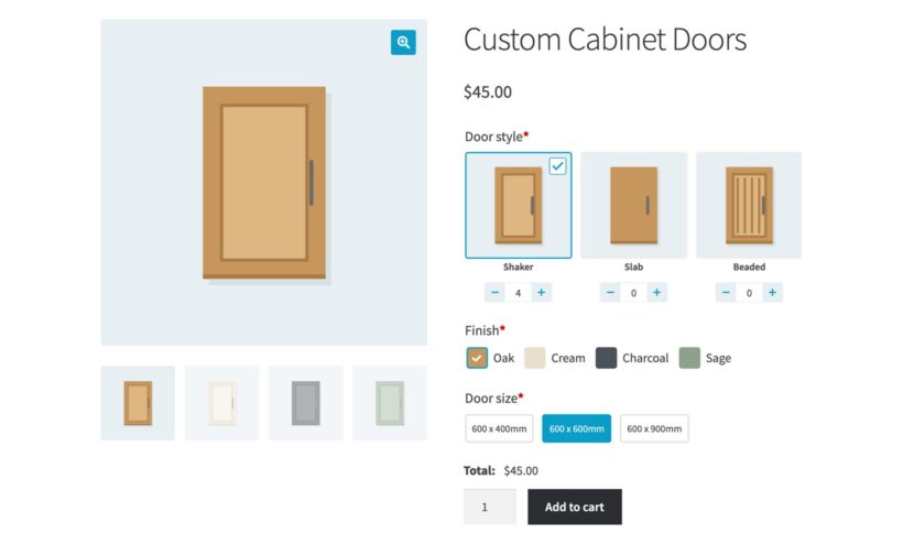 WooCommerce product page for custom cabinet doors, with door style image buttons and quantity pickers, color swatches for the finish and text labels for the size