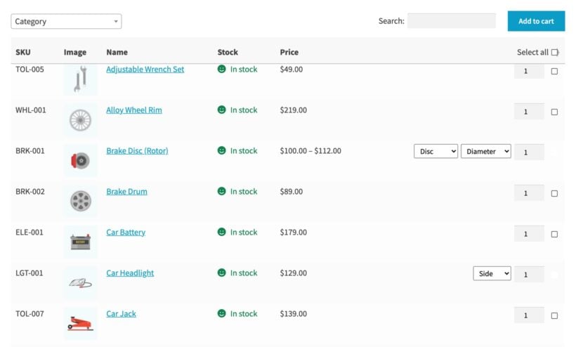 WooCommerce order form listing car parts with SKU, stock, price, a quantity picker and a checkbox on every row