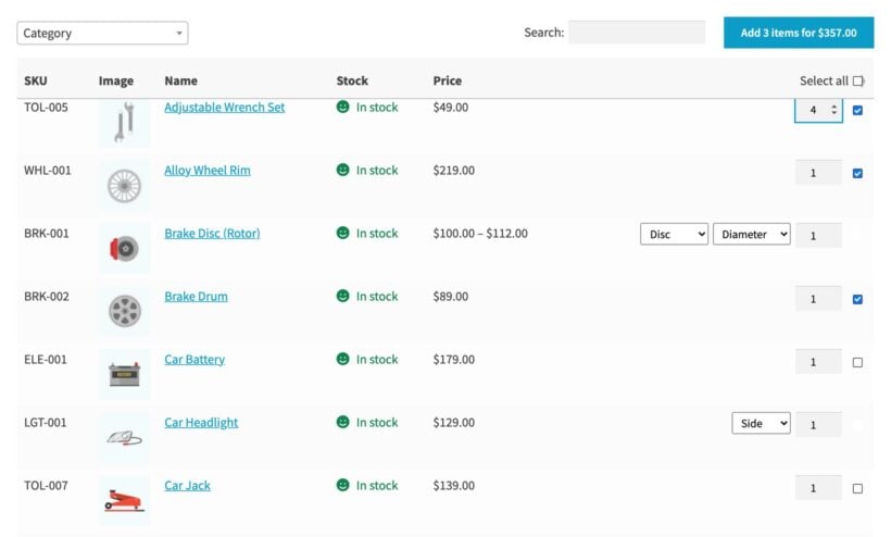 WooCommerce order form with three products ticked and the button reading Add 3 items for $357.00