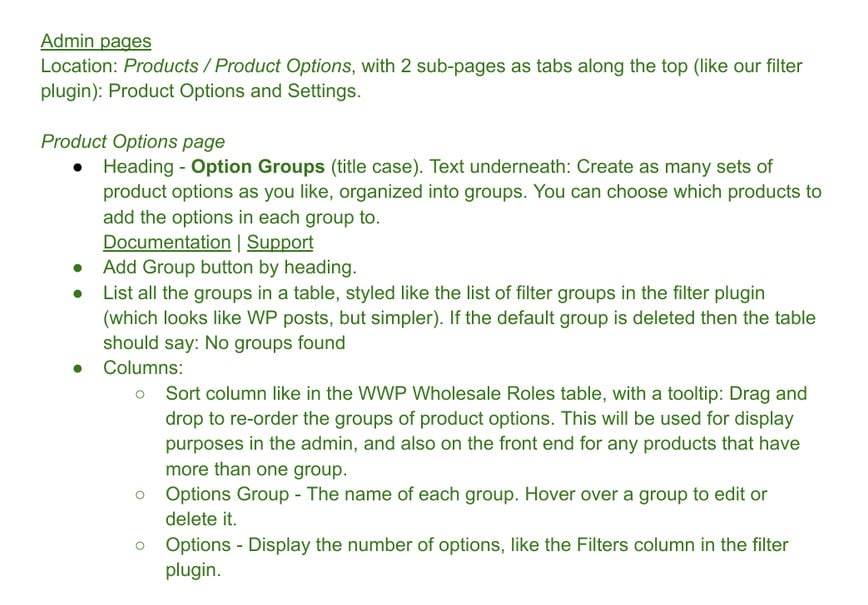 A page of the WooCommerce Product Options specification listing the admin page headings, columns and tooltip wording