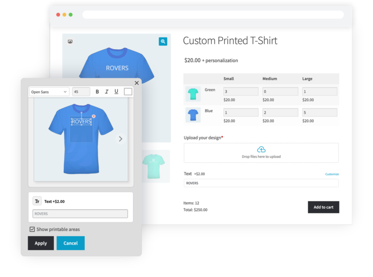 A WooCommerce product page in a browser window showing a custom printed t-shirt with a club name on the chest and a size grid, with the Live Preview design window open in front of it