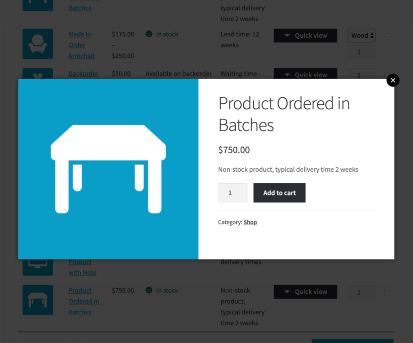 WooCommerce Lead Time screenshot with quick view plugin