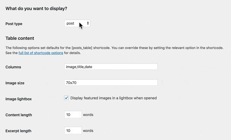 WordPress table plugin settings