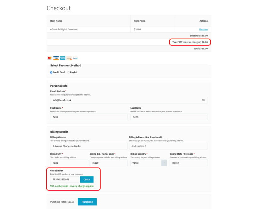 EDD EU VAT plugin screenshot - reverse charge VAT