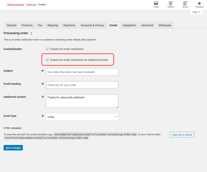 Enable email in WooCommerce