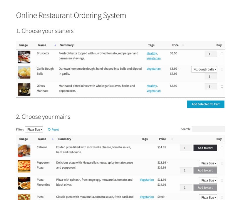 WooCommerce Product Table categories screenshot