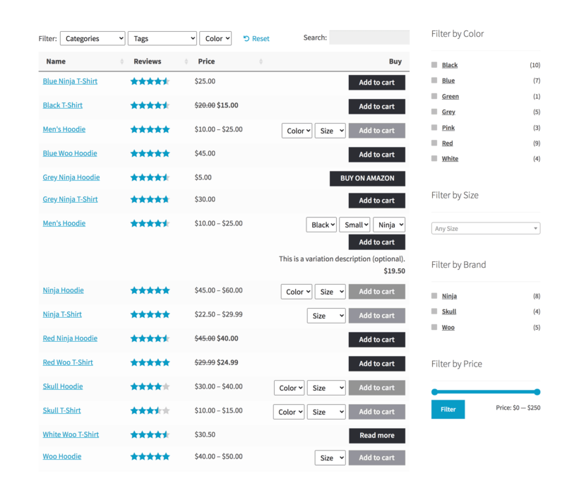 WooCommerce Product Table filter dropdowns widgets screenshot