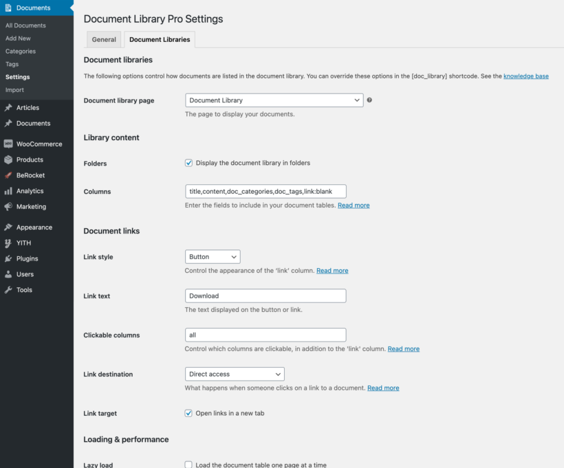 WordPress document library settings