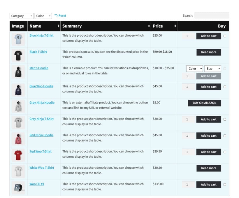 WooCommerce Product Table styling design screenshot