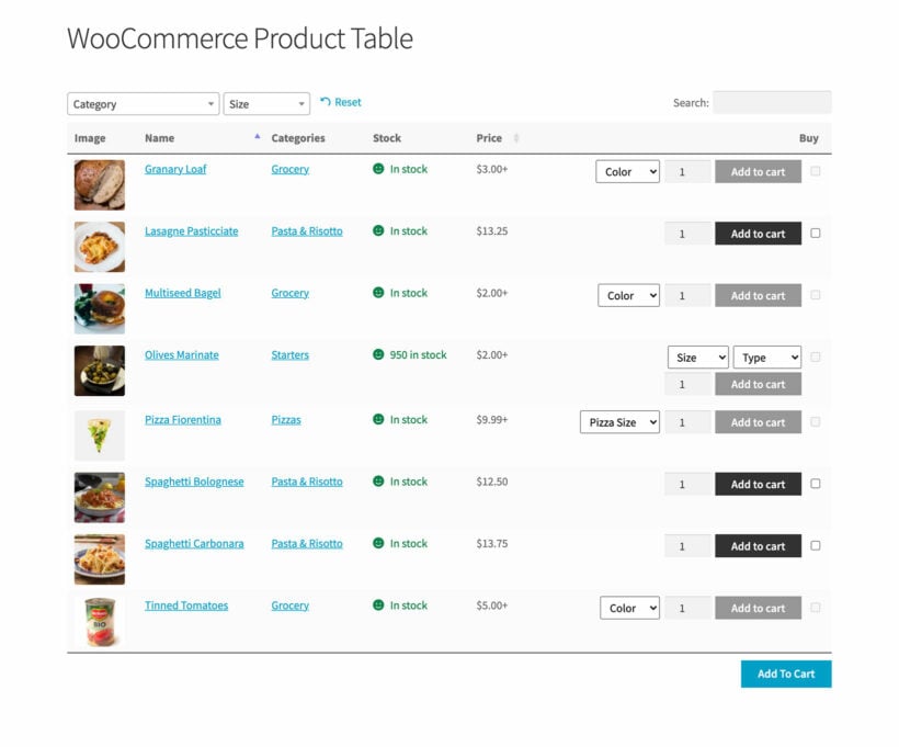 WooCommerce Product Table Variation Prices