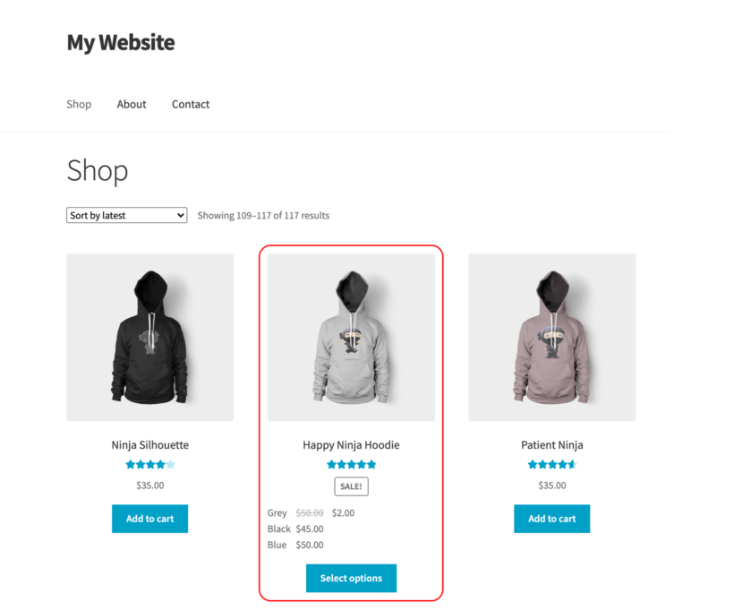 Shop page variation price
