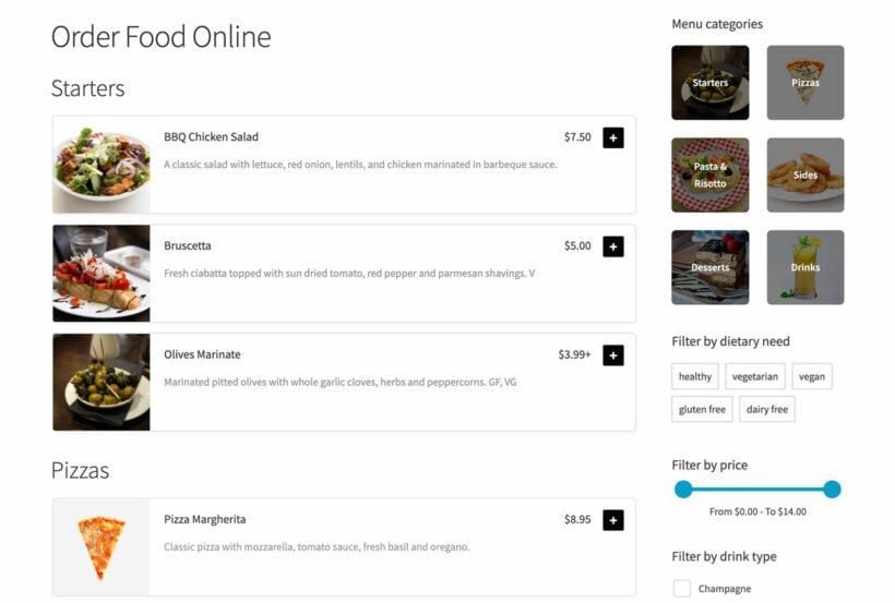 WooCommerce Restaurant Ordering with filter plugin