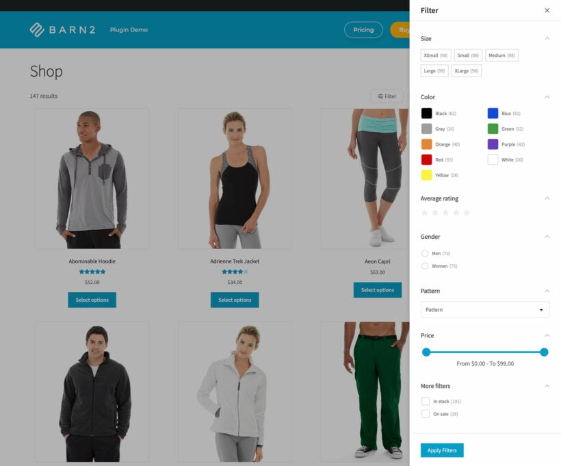 WooCommerce product filter slide out panel mobile screenshot