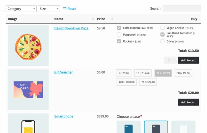 WooCommerce Product Options table plugin