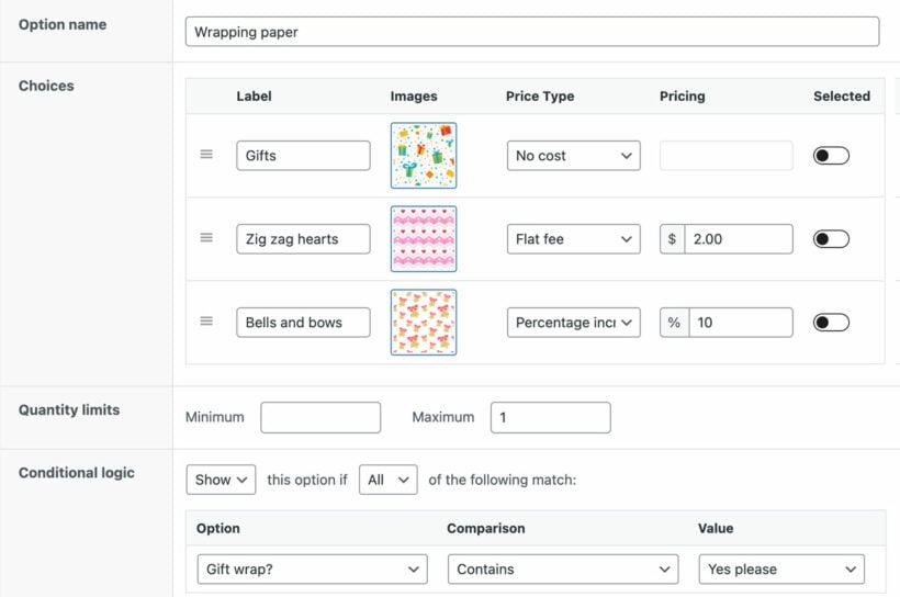 WooCommerce custom options plugin conditional logic