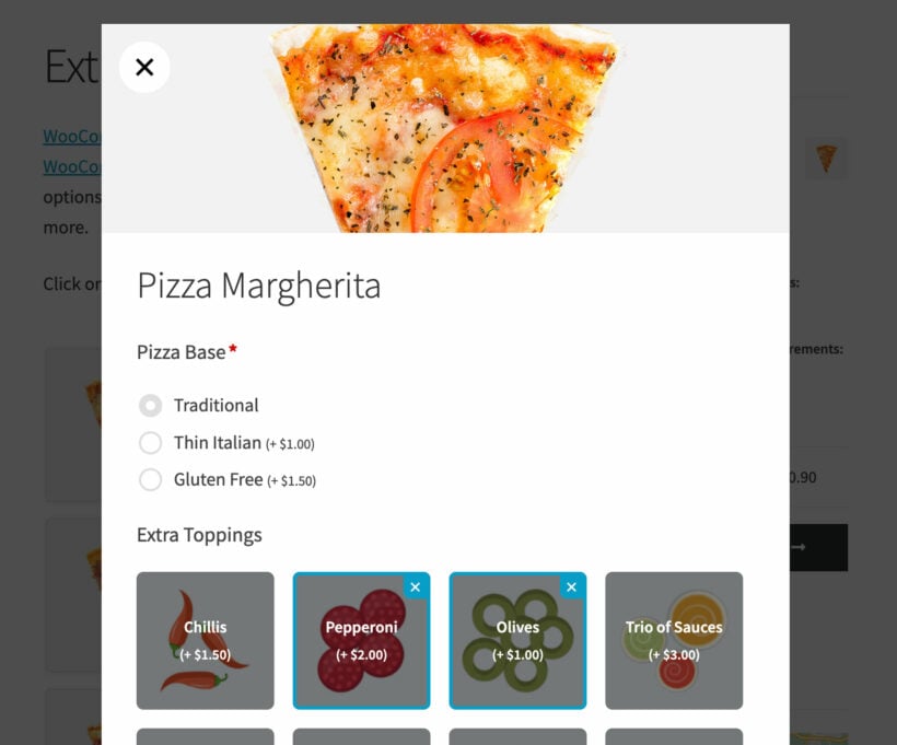 WooCommerce restaurant order form with extra options