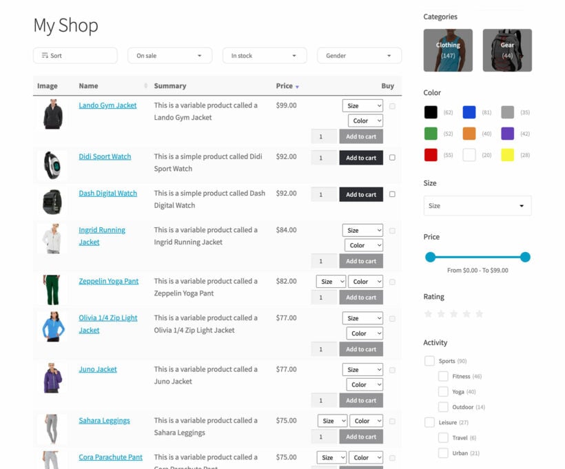 WooCommerce Product Table filter plugin