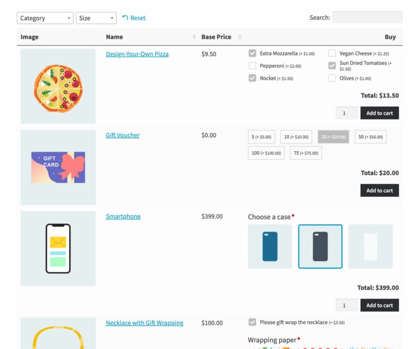 WooCommerce Product Table plugin with checkboxes