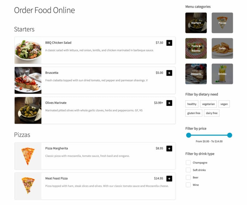 WooCommerce restaurant plugin with filters