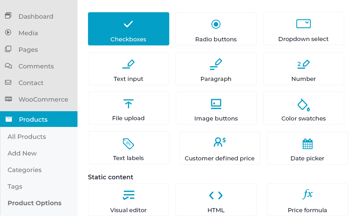 Tipos de campos de opções de produtos WooCommerce
