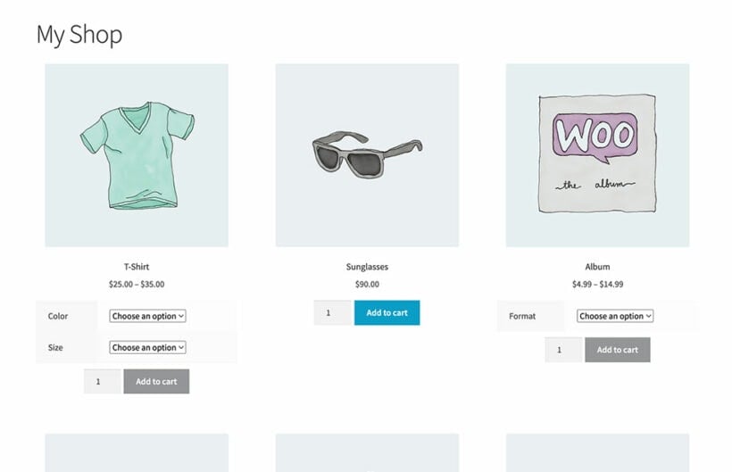 WooCommerce shop page variations and quantity picker