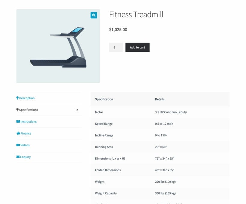 WooCommerce product specification table tab